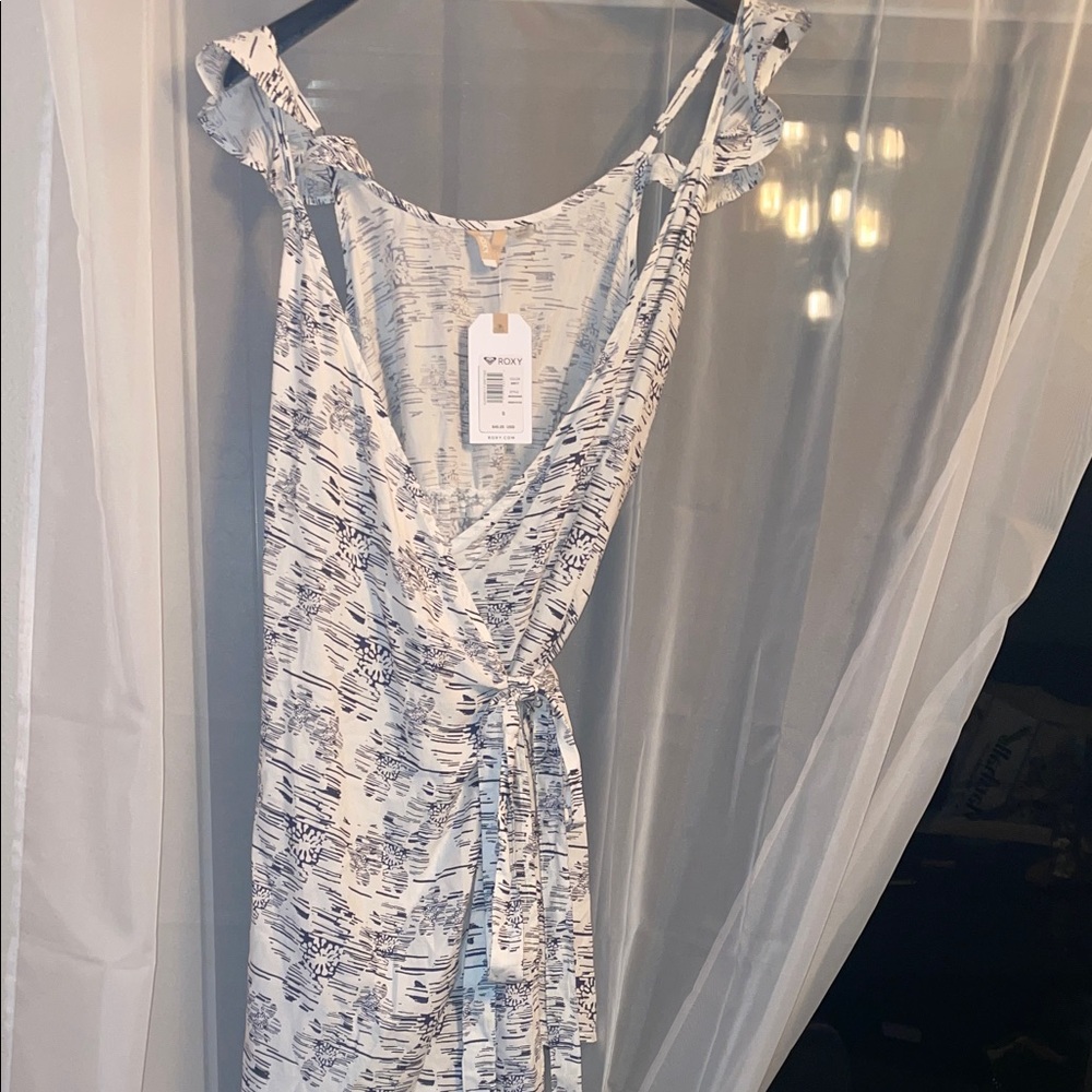 Roxy Navy and White Abstract Wrap Dress
